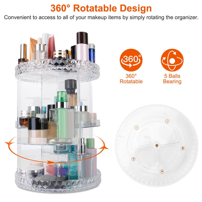 Présentoir à maquillage rotatif transparent et présentoir à bijoux avec 4 plateaux et 17 tablettes supérieures