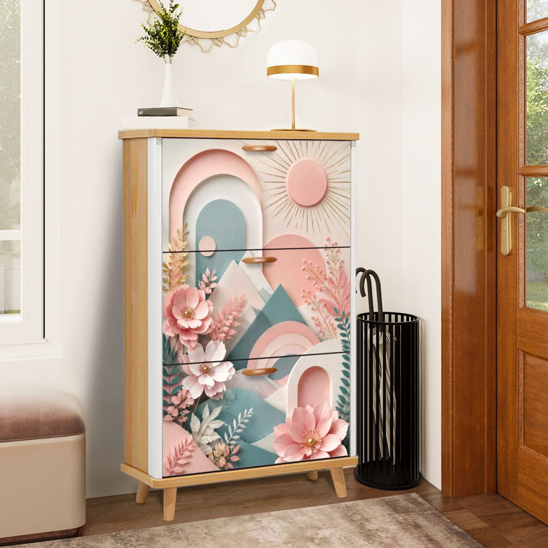 Rangement à chaussures avec 3 tiroirs rabattables pour cercles géométriques roses, Taille 4: 9,5 po x 29,7 po x 51,5 po