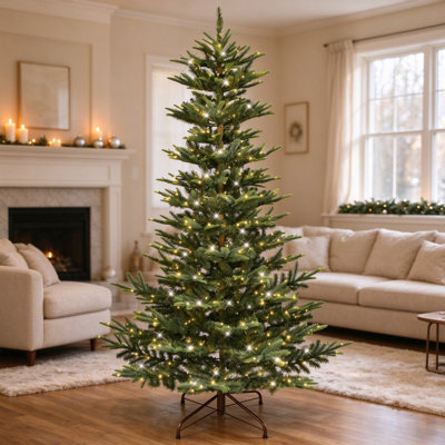 6FT Pre Lit Aspen Fir Christmas Tree with Lights, Layered Sparse Design Green Artificial Xmas Tree with PE PVC 