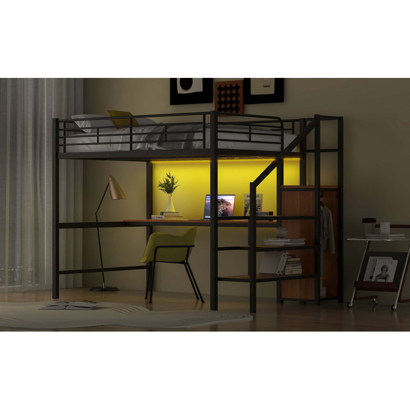 Lit mezzanine double en métal avec bureau, escalier de rangement, petite armoire et lumière DEL, Noir