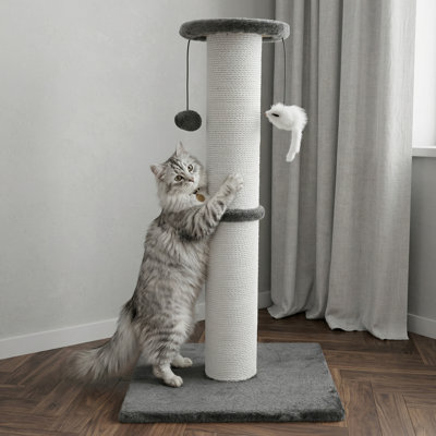 Grattoir robuste pour chat 34 pouces, corde de coton avec boule suspendue et souris, pour chats d'intérieur et adultes, gris