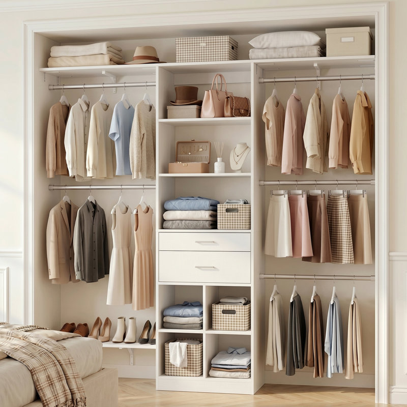 19'' - 60'' W Closet System with Wooden Drawers and Hanging Rods(Cut to Fit), White