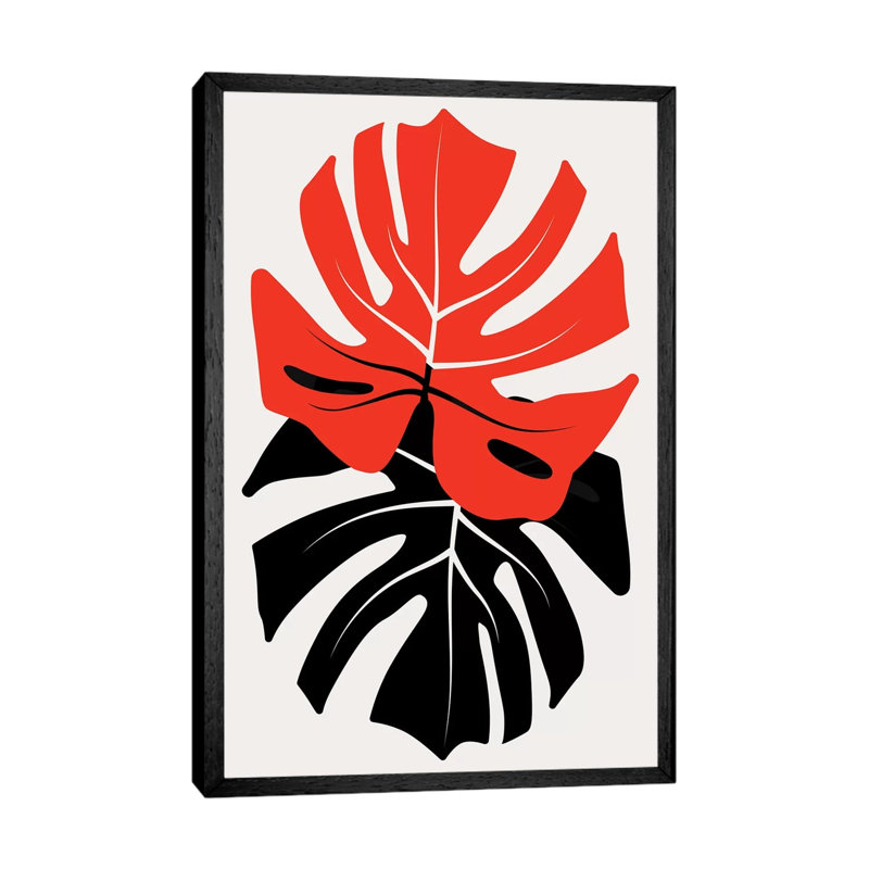 Duet Of Monsteras - Red by Kubistika - Print on Canvas, 66.04cm H x 45.72cm W x 3.81cm D, Black Floater Framed