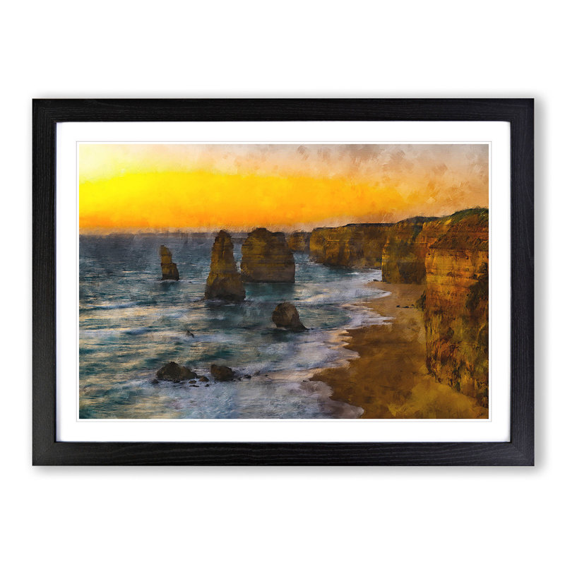 Sunset Over The Twelve Apostles - Single Picture Frame Painting on MDF, Black Framed, 45cm H x 63cm W x 2cm D