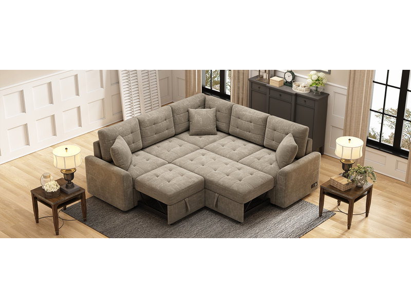 Canapé-lit en forme de L avec roulettes Ol portsi et ports USB, Velours kaki