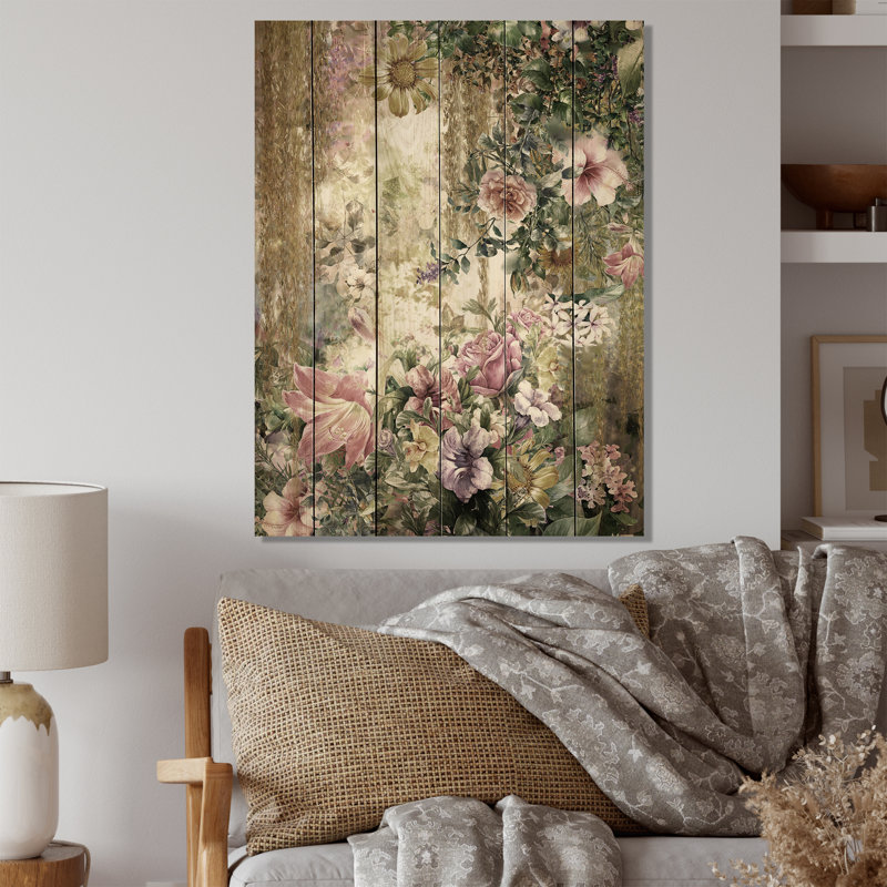 Grunge rose vert fleurs d'été - peinture sur bois sans cadre, H 36 po x l 24 po x P 1 po