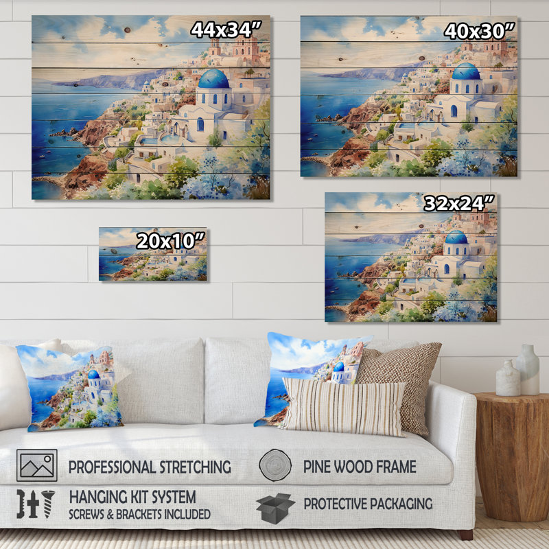 Santorini, Grèce, bord de mer, sérénité I - Grèce sur bois, H 30 po x l 40 po