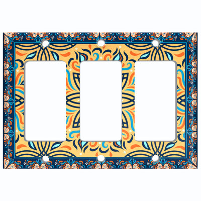Metal Light Switch Plate Outlet Cover (Yellow Sun Flower Blue Frame   - Triple Rocker)