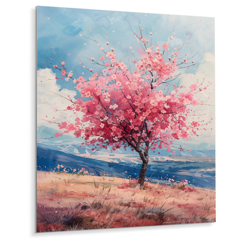 «Pink Blue Cherry Blossom Tree Meadow Dream II - Art mural fleur de cerisier, Métal métal, 34" H x 44" W