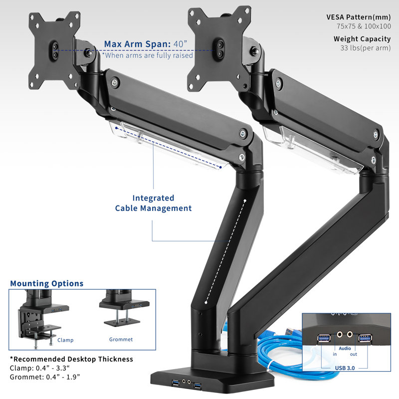 ErgoFlex Black Aluminum Dual Monitor Desk Mount with USB