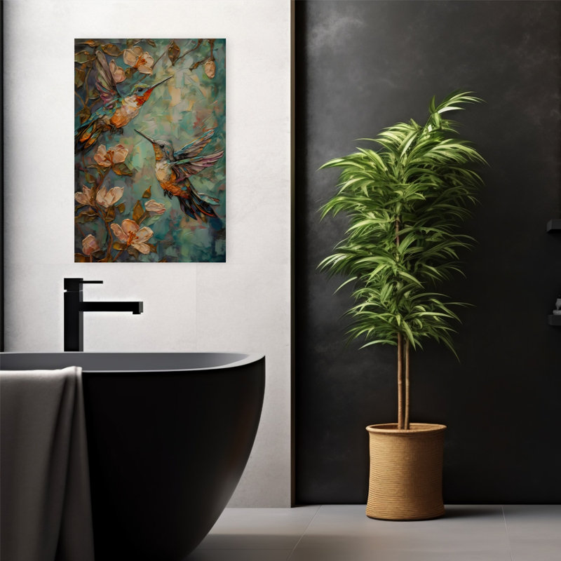 Art mural abstrait contemporain avec colibris, 24" H x 16" W