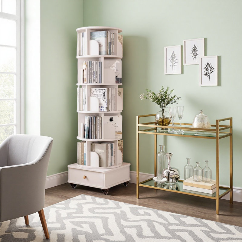 Bibliothèque blanche pivotante avec tiroir - Présentoir à 360 °, support de rangement à 6 niveaux pour les petits espaces, chambre à coucher, salon