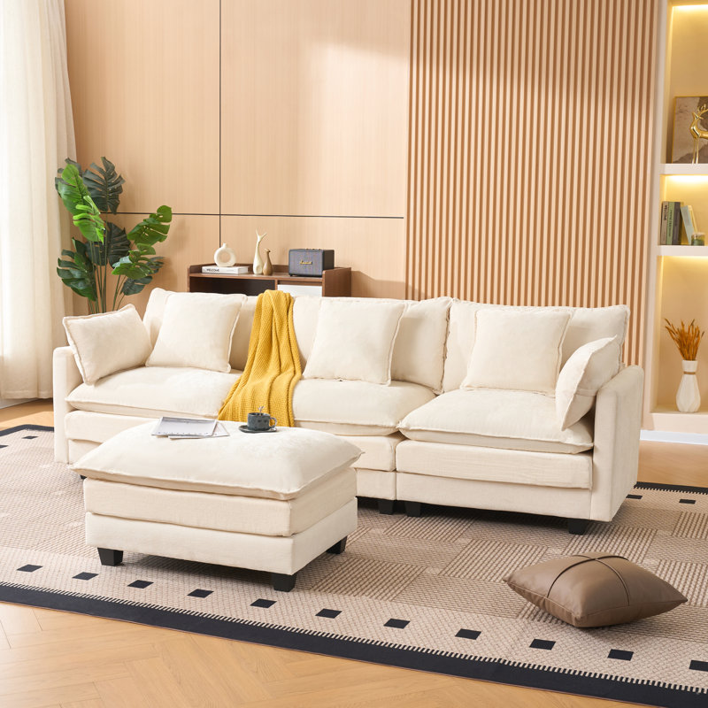 Canapé d'angle 3 en L avec banquette, en chenille, idéal pour la décoration d'un salon beige avec rangement, convertible en fauteuil inclinable, méridienne ou lit, confort optimal en appartement et dans les petits espaces, montage facile.