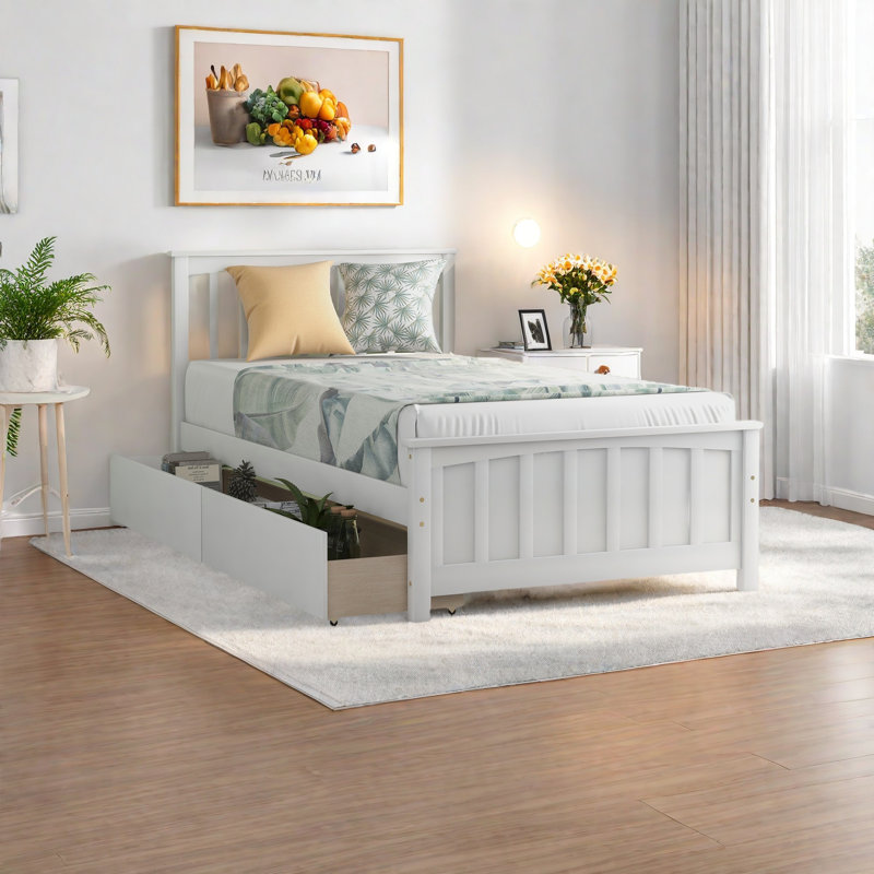 Lit plateforme simple avec deux tiroirs, blanc