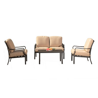 Outdoor 4 Pcs Patio Conversation Set, Metal Dining Table And Chairs With Removable Beige Cushions