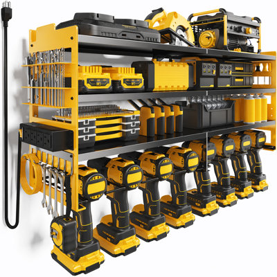 Power Tool Organizer with Charging Station, Heavy Duty Wall Mount Tool Storage Rack, Cordless Drill Holder and Battery Storage Shelf for Garage, Workshop, and Shed