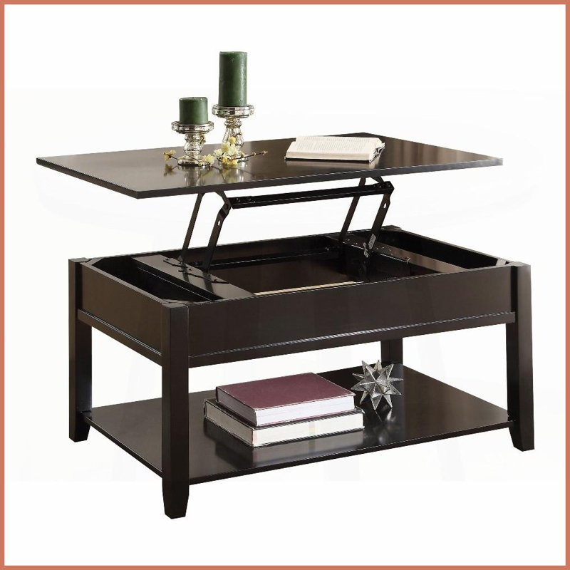 Table basse à plateau relevable noir avec rangement multiple, peu encombrante pour l'organisation du salon