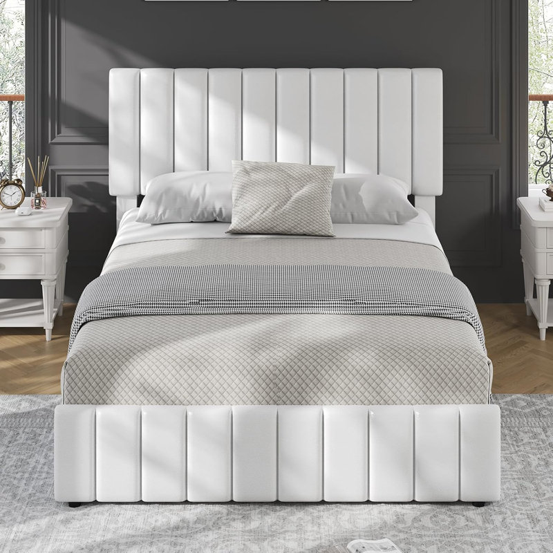 Grand lit plateforme tapissier avec tiroirs de rangement, tête de lit réglable, grand cadre en bois pour la chambre à coucher, blanc