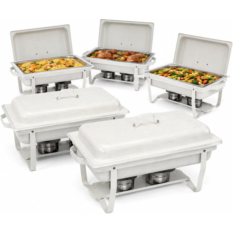 Ensemble de 5 chauffe-plats blancs 9 QT pour buffet, avec revêtement anti-traces de doigts et design empilable, idéal pour la restauration et l'usage domestique.