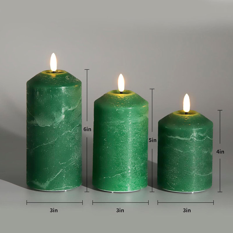3 Pack Gold Flameless Pillar Candles with Remote: Flickering, Real Textured Wax, Battery-Operated LED Candles, Dark Green