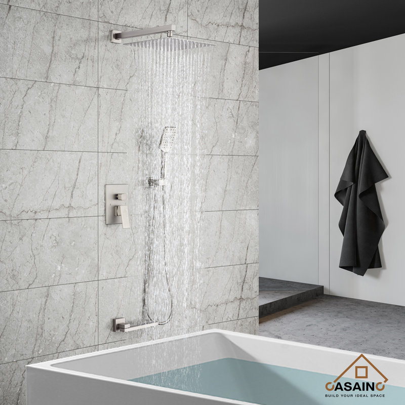 Brushed Nickel Wall Mounted Square Rain Shower System with Handheld
