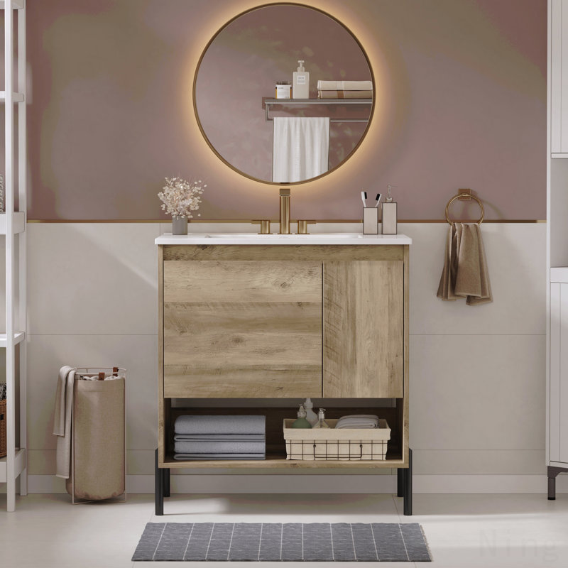 Meuble-lavabo moderne en bois de 30 po, armoire de rangement avec lavabo en céramique, armoire simple avec portes et tablette ouverte