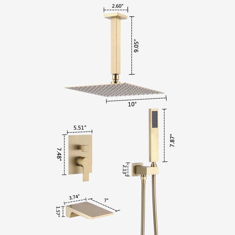 Robinet de douche à pluie et système 10 "brossé doré avec douchette cascade et pomme de douche à main