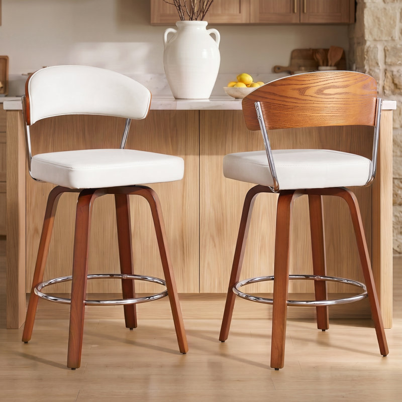 Swivel Beige Bar Stools Set of 4, 26" Upholstered Counter Height Bar Stools with Back and Wood Legs, Faux Leather Modern Barstools for Kitchen Counter