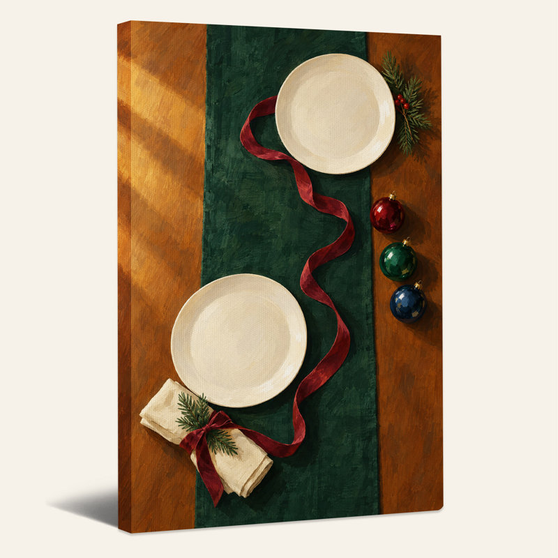 Art de la table avec des plaques blanches et un ruban rouge, H 18 po x l 12 po