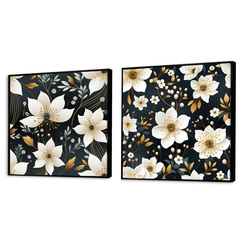 Izzo - Ensemble de 2 collages carrés floraux, Cadre flottant noir, H 16 po x l 33 po