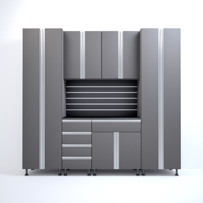 Solution de rangement de qualité supérieure pour armoires de garage de 8 pi avec pieds réglables, tiroir et porte à fermeture en douceur, poignées intégrées, fabrication de boîte en contreplaqué robuste, organisateur d'outils et d'équipement