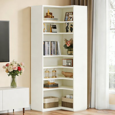 Corner Bookshelf, 8-Tier L-Shaped Bookcase, Large Corner Book Shelf with Open Shelves and Closed Back (White)
