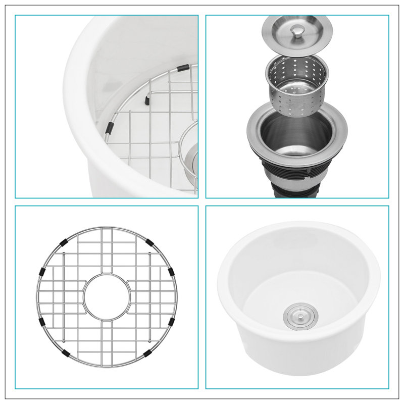 Évier de cuisine circulaire en céramique à simple cuve 18 pouces avec assemblage de drain et grille inférieure