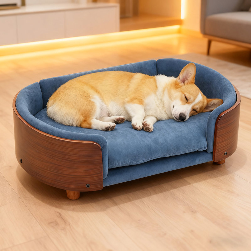 Lit pour chien de luxe en bois massif avec pieds en mousse à mémoire de forme et dossier courbé en bois, Bleu très foncé