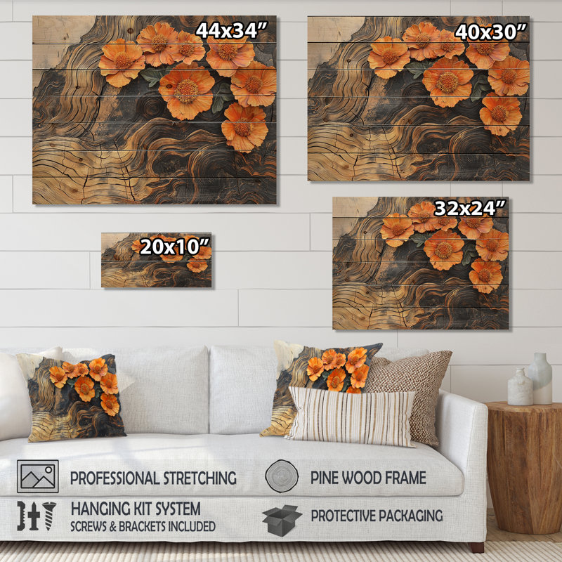 Autumn Marigold Flowers On Wood Slide I - Marigold Wood Wall Art - On Natural Pine Wood, 30" H x 40" W x 0.78" D