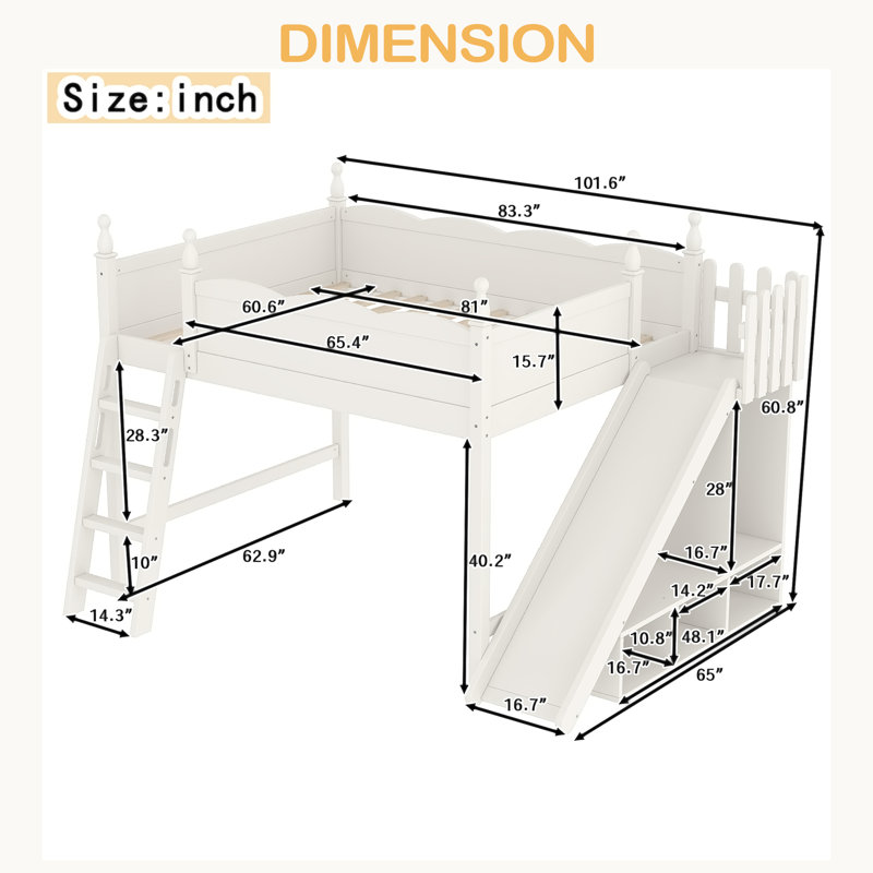 Grand lit mezzanine avec tablettes de rangement et garde-robe, lits mezzanine en bois massif avec glissières amovibles et échelles, aucune boîte à ressorts nécessaire