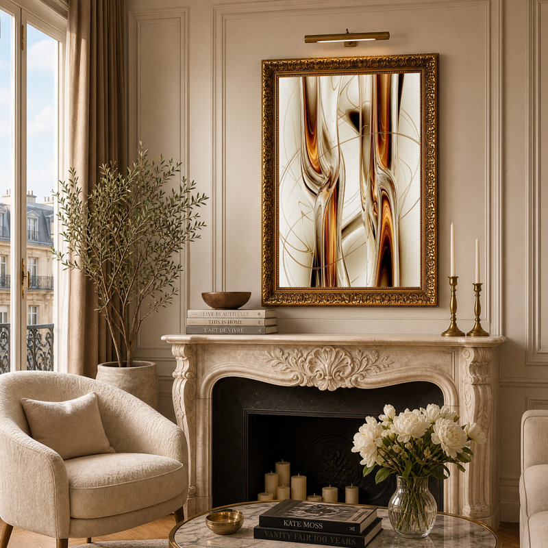Toile murale représentant des formes fluides abstraites en bronze et en or, H 24 po x l 16 po
