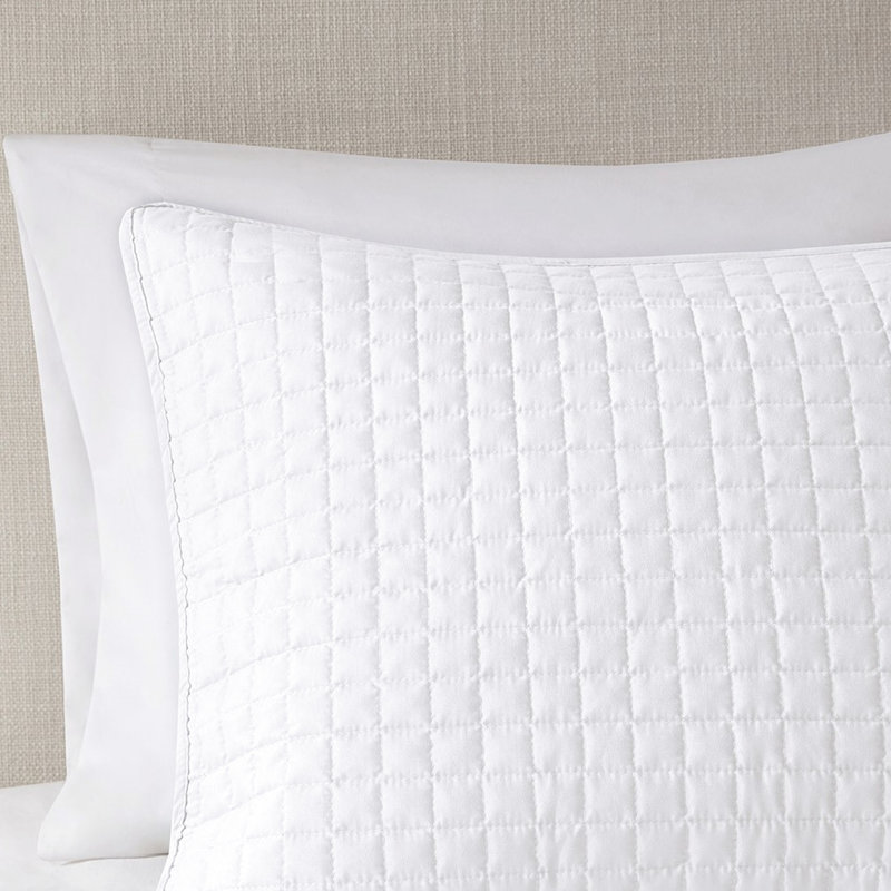 Courtepointe complète 3 pièces en blanc - réversible avec carreaux carrés, rembourrage, style microfibre facile d'entretien, lavable à la machine