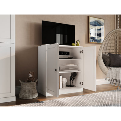Meuble télé 100% bois massif, console de téléviseur de 32 po de largeur avec portes à panneau surélevé et rangement