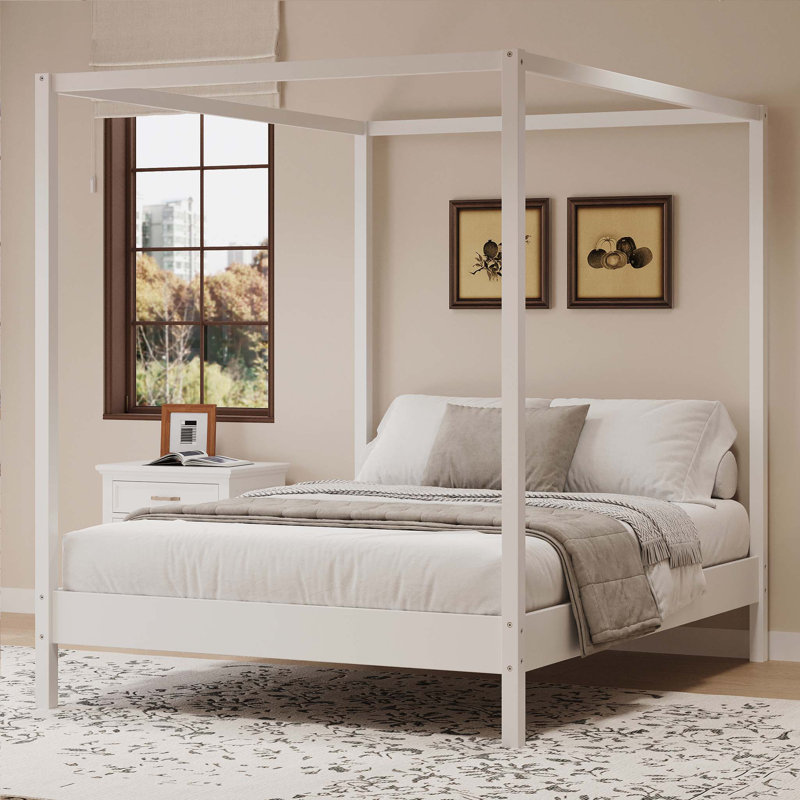 Solid Wood King Size Canopy Bed Frame with Four Poster Support, No Box Spring Needed, Elegant White Finish
