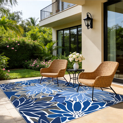 ZonLi Tropical Floral Indoor/Outdoor Rug, 5' x 8', Blue/Grey, Waterproof, Washable, Non-Slip