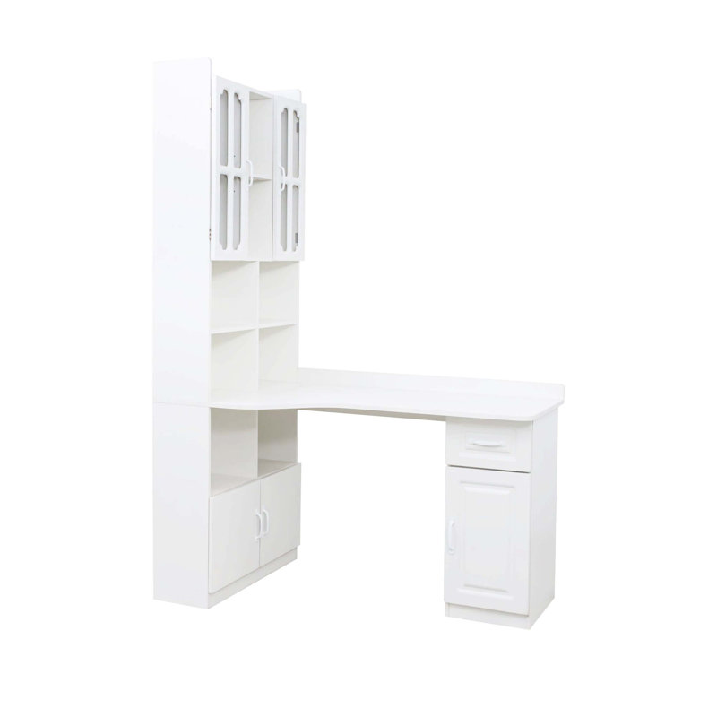 Bureau d'étude de coin en L blanc 2-en-1 blanc, table de travail de bureau à grand espace avec tiroirs, bibliothèque et armoire de rangement supérieure