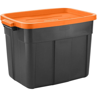 Rubbermaid Roughneck Storage Totes  18 Gal, (Pack of 6), Perfect Organization Bins for Halloween DÃ©cor, Durable, Reusable, Set of Large Plastic Storage Bins, Black Bins/Orange Lids, Black and Orange, 18 Gal - 6 Pack
