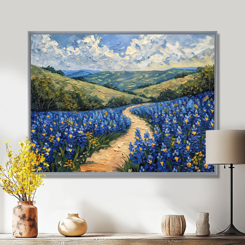 «Blue green meadow Charm Blue Bonnets» - art sur toile Blue Bonnets, Toile argentée avec cadre flottant