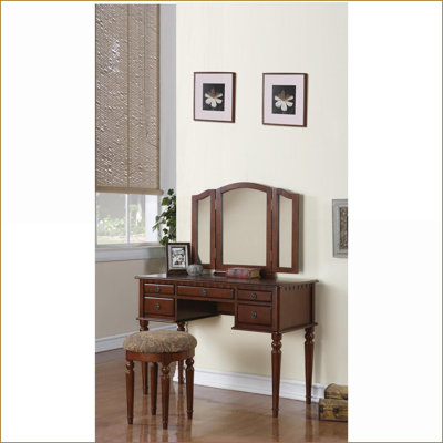 Ensembles de meuble-lavabo: meuble-lavabo contemporain en cerisier avec miroir pliable, tiroirs et amp; Tabouret rembourré | Cerise | Bois d'hévéa massif