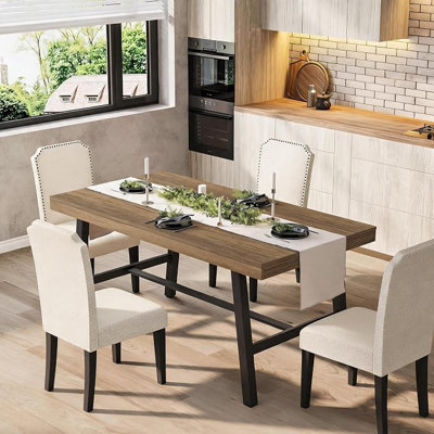 Table de salle à manger industrielle de 140 cm (55,11 po) pour 4 à 6 personnes, grand plateau rectangulaire en bois avec structure robuste en métal noir, design moderne pour la cuisine et la salle à manger, style poirier rustique