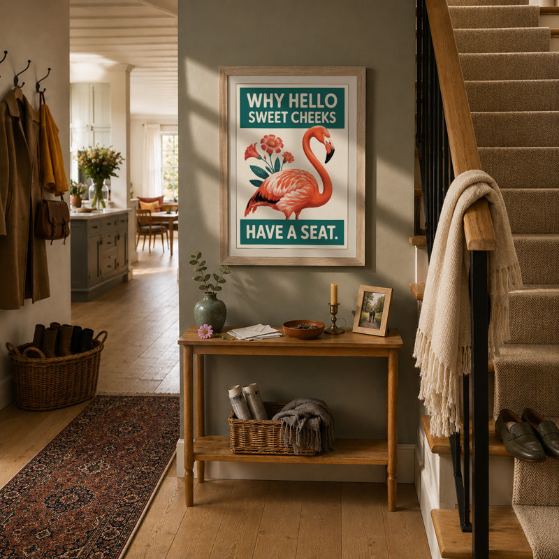 Flamingo Welcome Retro - Framed Print, A2 - 59.4 x 42.0 cm, Oak
