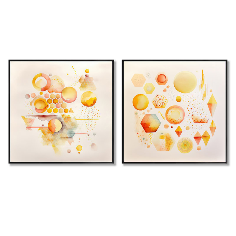 Ensemble de 2 collages carrés abstraits et formes abstraites jaunes VI, Cadre flottant noir, H 16 po x l 33 po