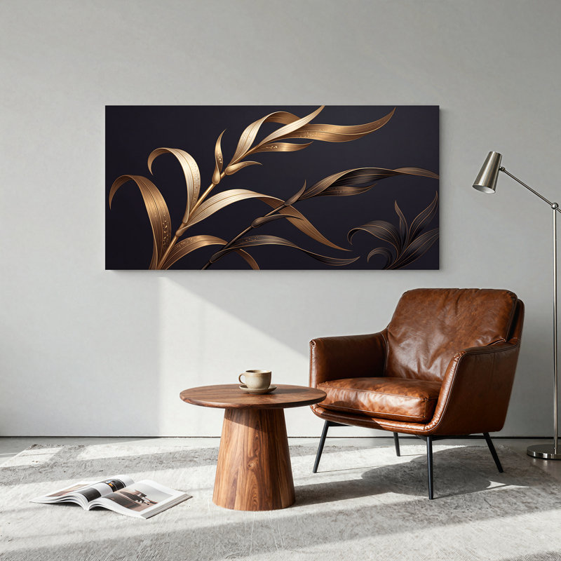 Art mural sur toile feuilles dorées et bronze sur fond foncé, 32"W x 16"H