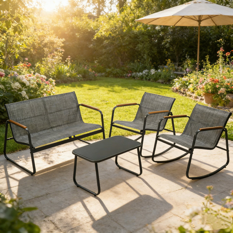 Kozyard 4-Piece Outdoor Patio Furniture Set with Textilene Chairs, Metal Conversation Set, Tempered Glass Coffee Table, Powder-Coated Steel Frame for Garden, Poolside, Backyard Gray